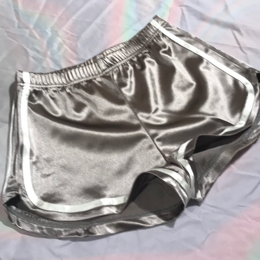 Silky satin sport shorts booty sexy hot gray white stripe soccer track silver H1